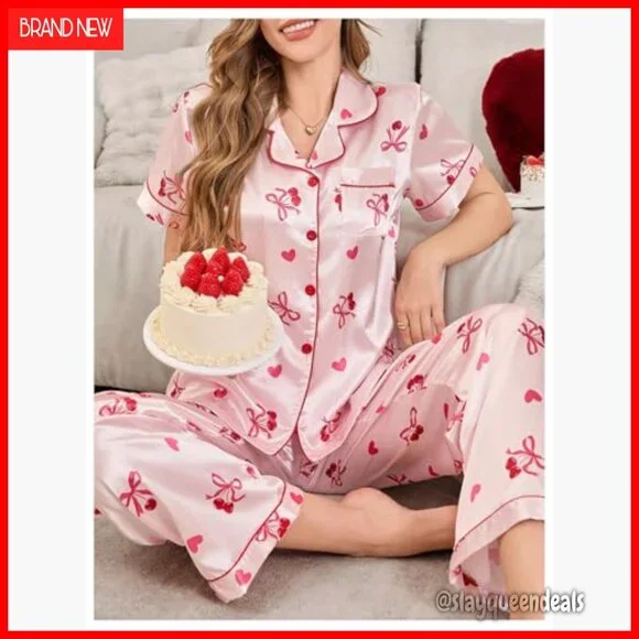 Satin Pajama Set with Bow Print, Button Down Shirt, Pockets